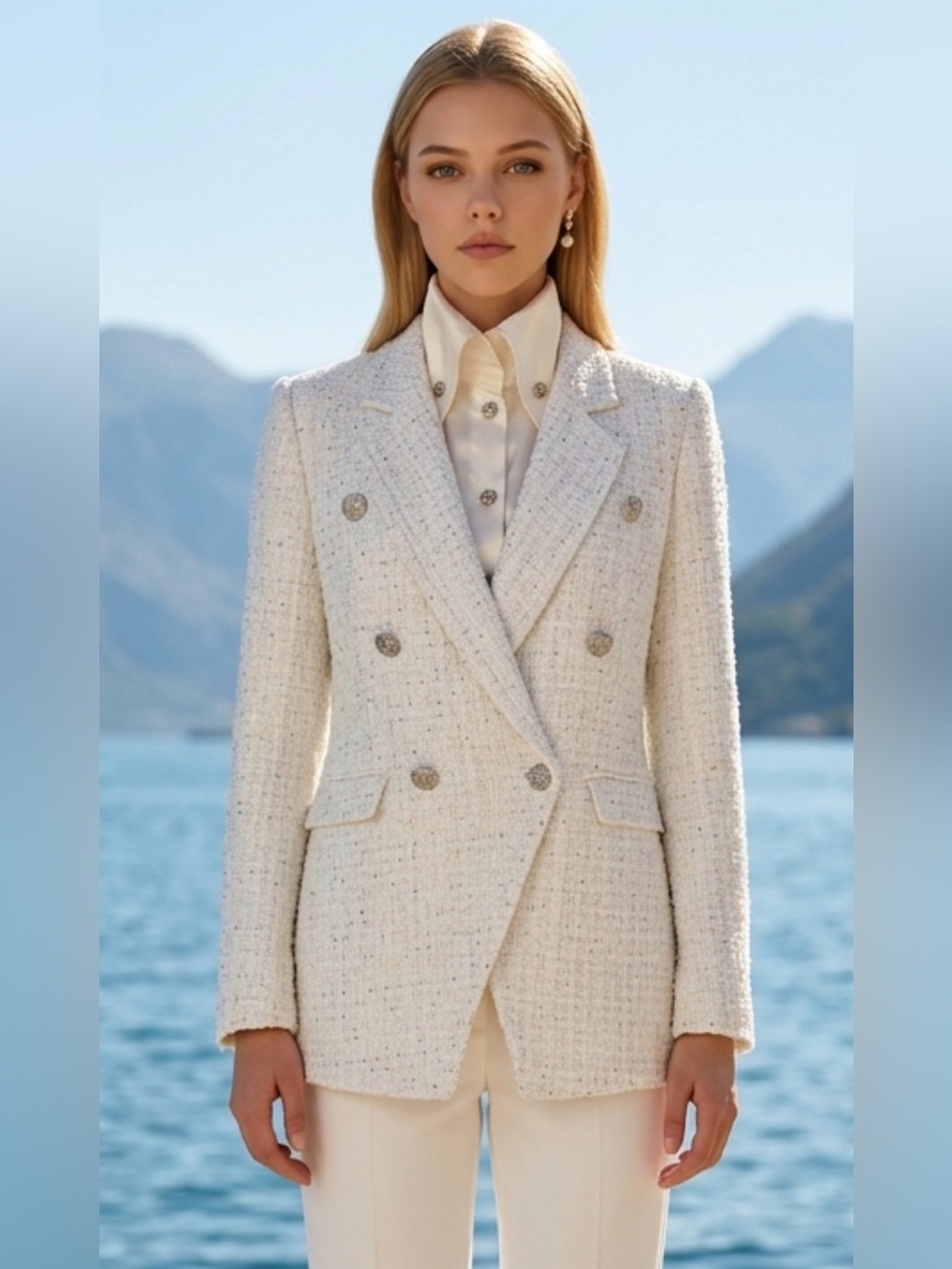 DECJUBA Ivory Tweed Double-Breasted Blazer